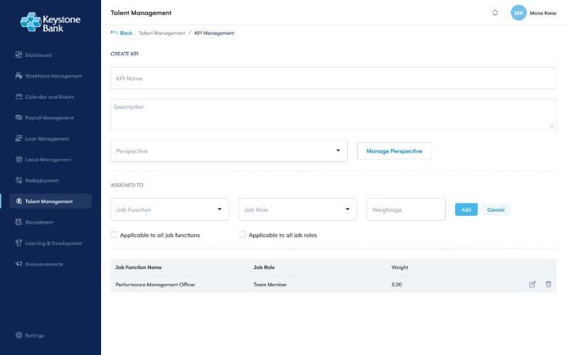 KPI creation screen with weight field
